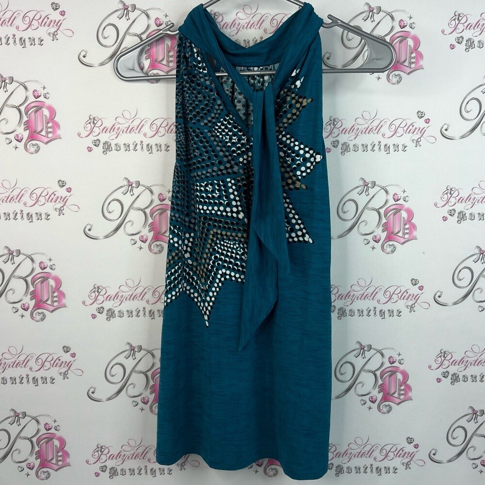 Le Chateau tank top tie up ribbon Aztec floral Teal Tank Top with Silver Accents